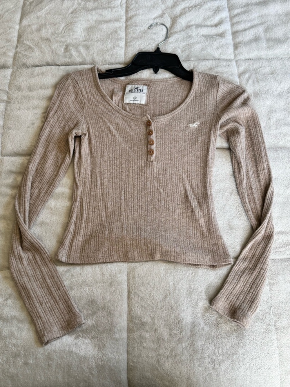 Hollister Ribbed Henley Long Sleeve Top - Beige Taupe